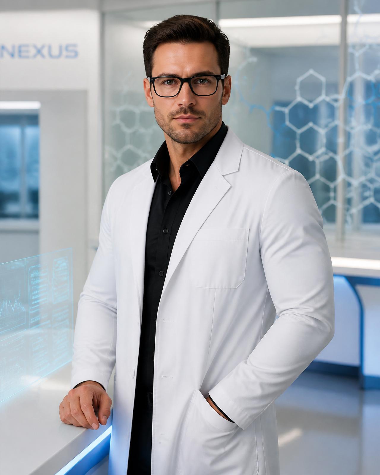 Lunexa Labs fictional scientist inside a bright modern laboratory